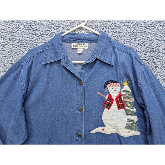 VTG 90s Denim Button Up Shirt Size L Snowman Christmas Grandma Cottagecore Blue - Picture 3 of 10